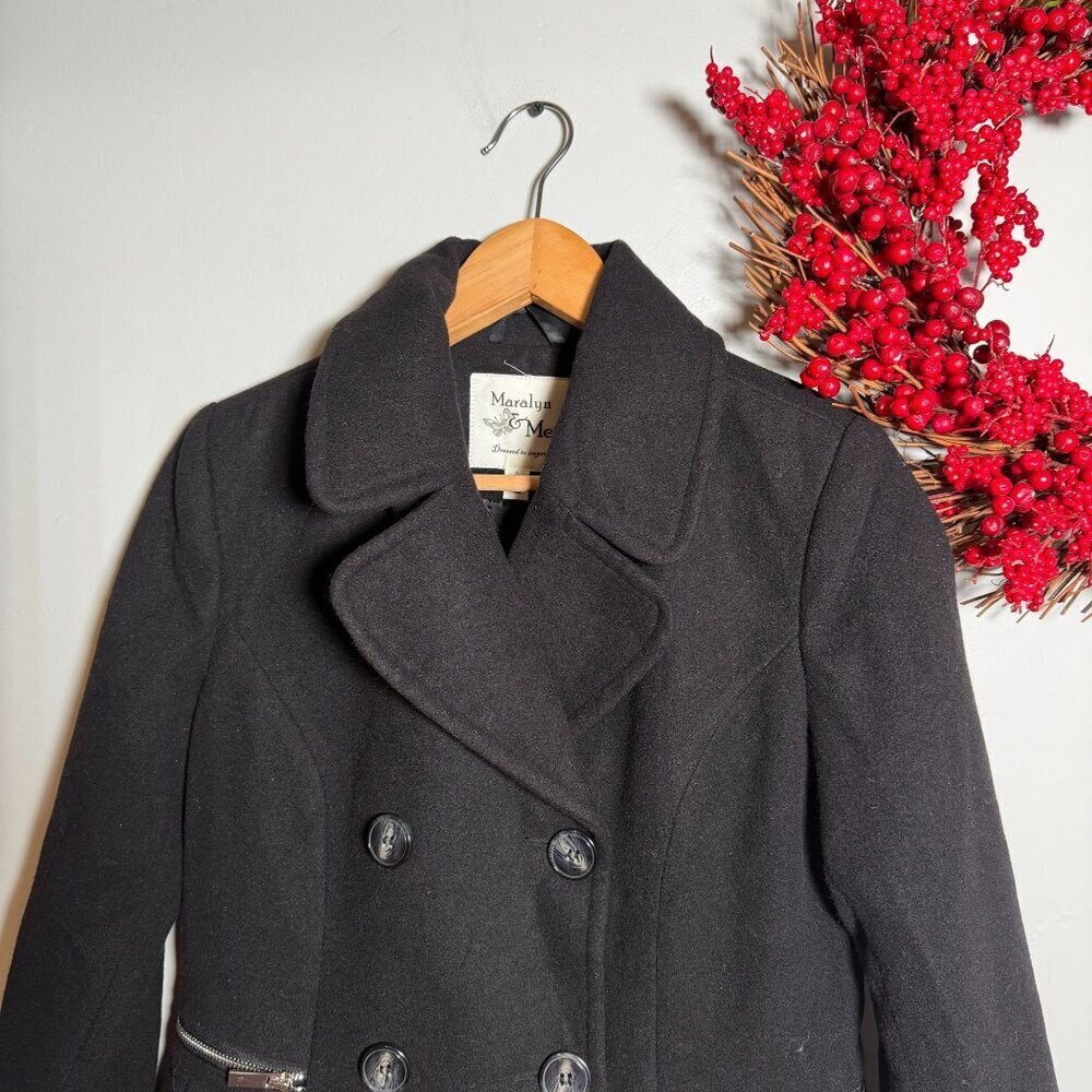 Maralyn & Me Dark Academia Preppy Classic Double Breasted Peacoat SMALL Black - Picture 2 of 7